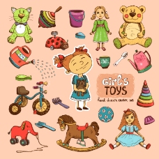 木桶彩绘女孩玩具设计矢量素材