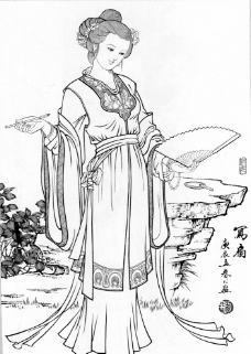 高清仕女白描  写扇图片