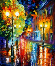 油画都市夜雨图片