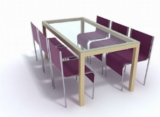餐桌组合暗红6座餐桌椅组合3D模型