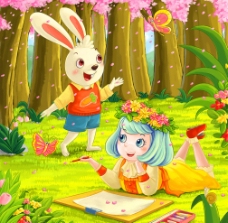 孩子兔子女孩插画图片