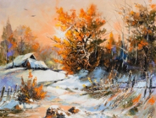 雪山树木风景油画图片