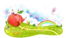手绘卡通苹果屋草地环保生活背景图片