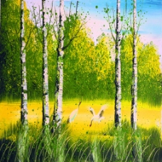 绿树草地油画风景