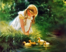 小女孩看鸭子油画