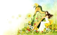 春季手绘弹竖琴的女孩风景插画图片