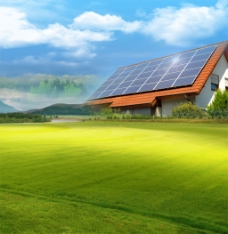 草地 蓝天 太阳能板新能源 房子