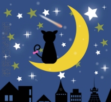 月亮星空猫创意插画AI矢量图图片